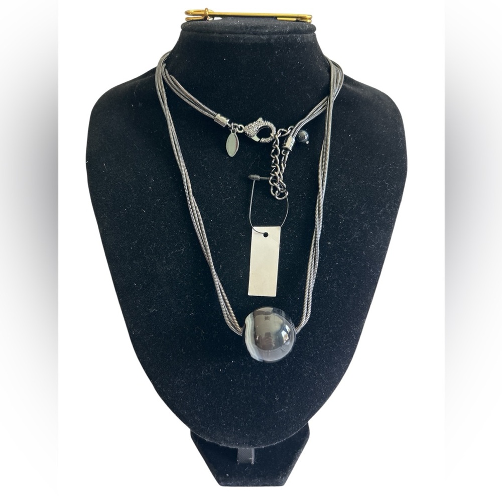 Chico's 3 Layer Gun Metal Black With White Swirl Ball Pendant Necklace